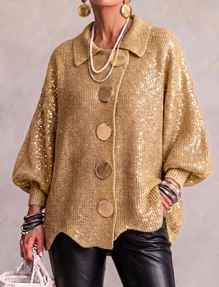 Oversized gold sequin collared button cardigan with long balloon sleeves and round buttons