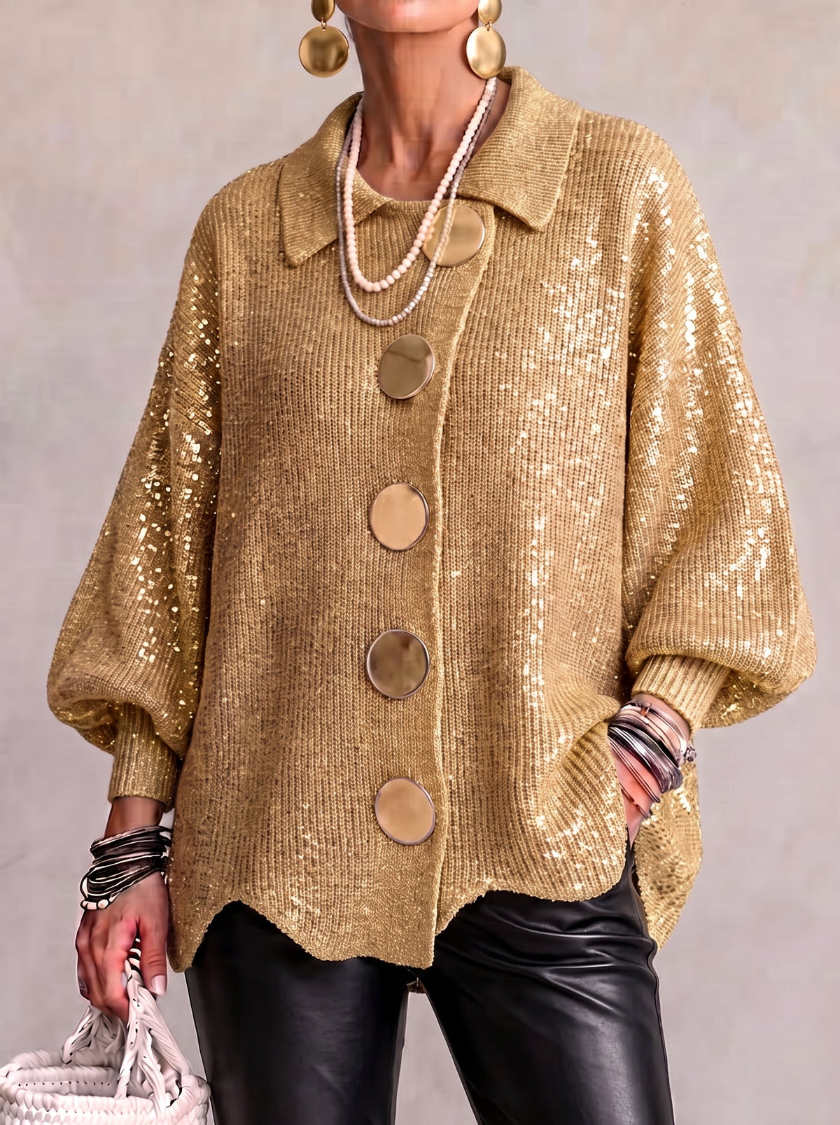 Oversized gold sequin collared button cardigan with long balloon sleeves and round buttons
