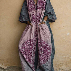 Printed two-piece set: V-neck top and wide-leg pants; indigo with purple-pink motifs