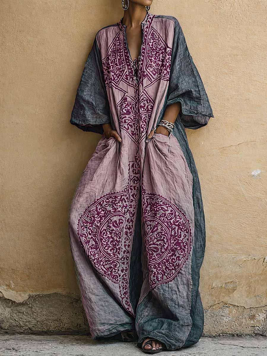Printed two-piece set: V-neck top and wide-leg pants; indigo with purple-pink motifs