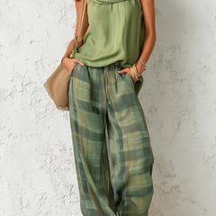 Sleeveless olive cowl-neck tunic with green plaid wide-leg pants, relaxed set