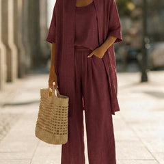 Women's wine red 3-piece set with scoop tank, relaxed wide-leg pants, and kimono