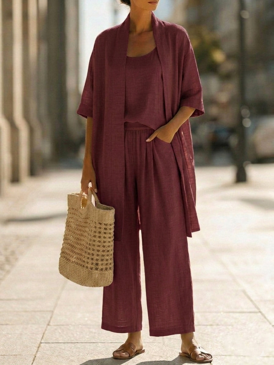 Women's wine red 3-piece set with scoop tank, relaxed wide-leg pants, and kimono