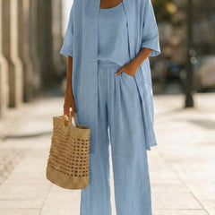 Light blue 3-piece set with scoop tank, wide-leg pants, and loose kimono layer