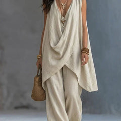 Light beige sleeveless draped wrap top and loose linen-cotton pants set