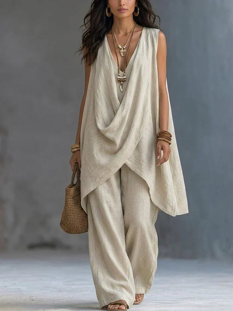 Light beige sleeveless draped wrap top and loose linen-cotton pants set