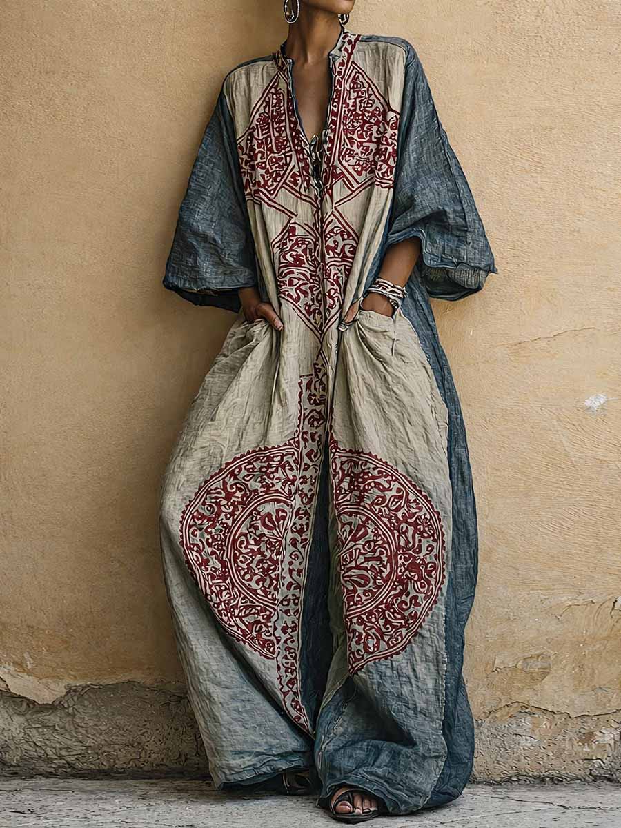 Printed two-piece set: V-neck top and wide-leg pants; indigo with burgundy/cream motifs