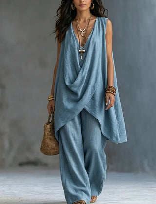 Blue sleeveless draped wrap top and loose linen-cotton pants set