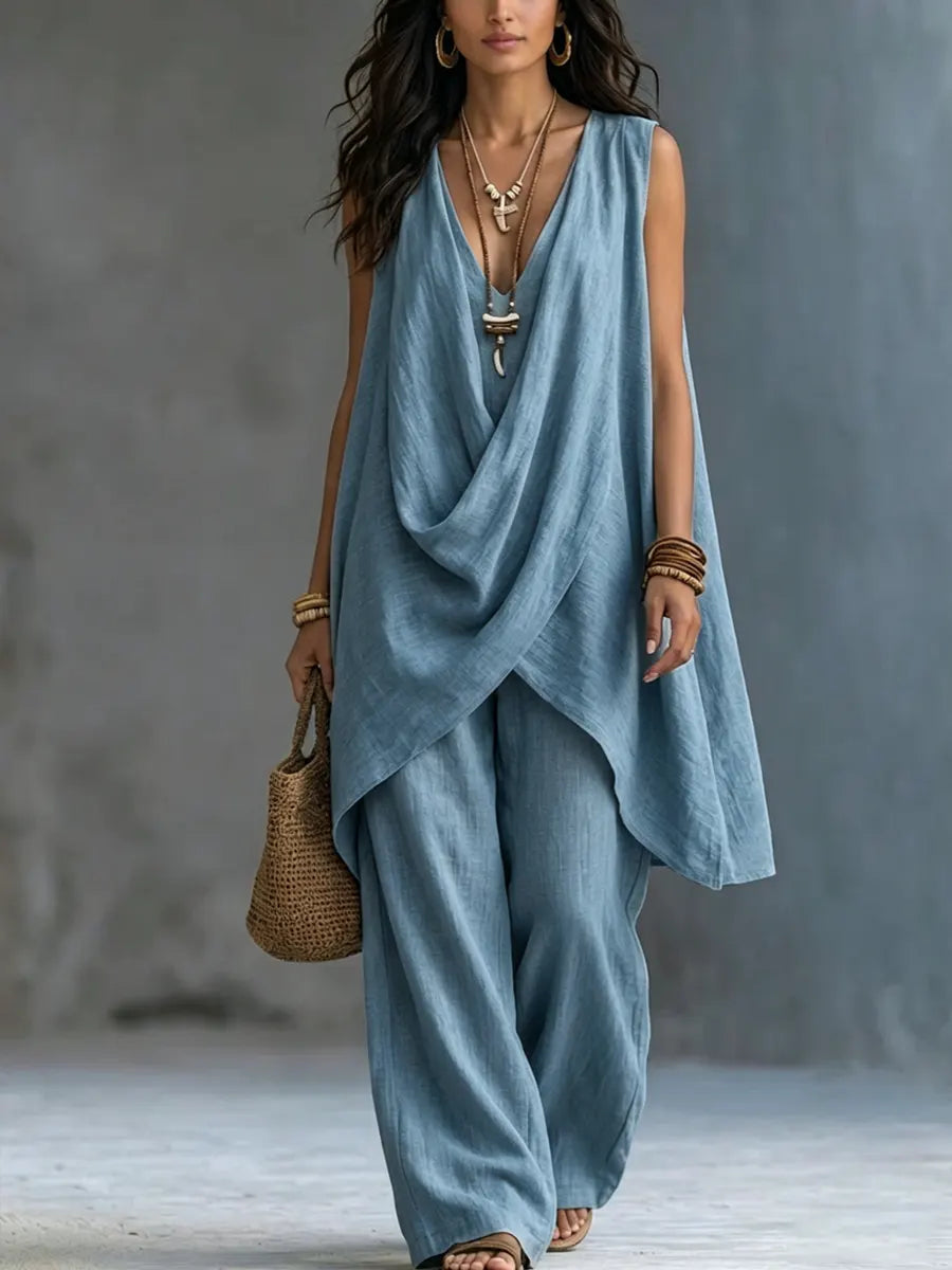 Blue sleeveless draped wrap top and loose linen-cotton pants set