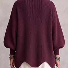 Back view of oversized wine collared button cardigan with ribbed knit yoke and balloon sleeves