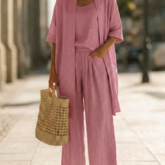 Women's pink 3-piece set with scoop tank, wide-leg pants, and open kimono top