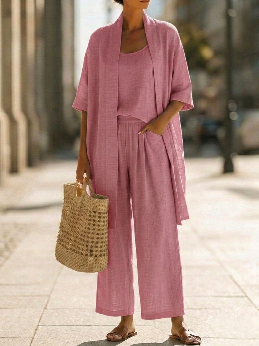 Women's pink 3-piece set with scoop tank, wide-leg pants, and open kimono top
