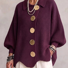 Oversized wine collared button cardigan with long balloon sleeves and large round buttons