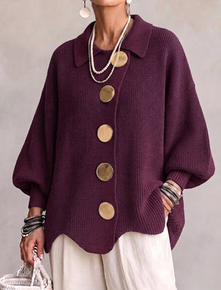 Oversized wine collared button cardigan with long balloon sleeves and large round buttons
