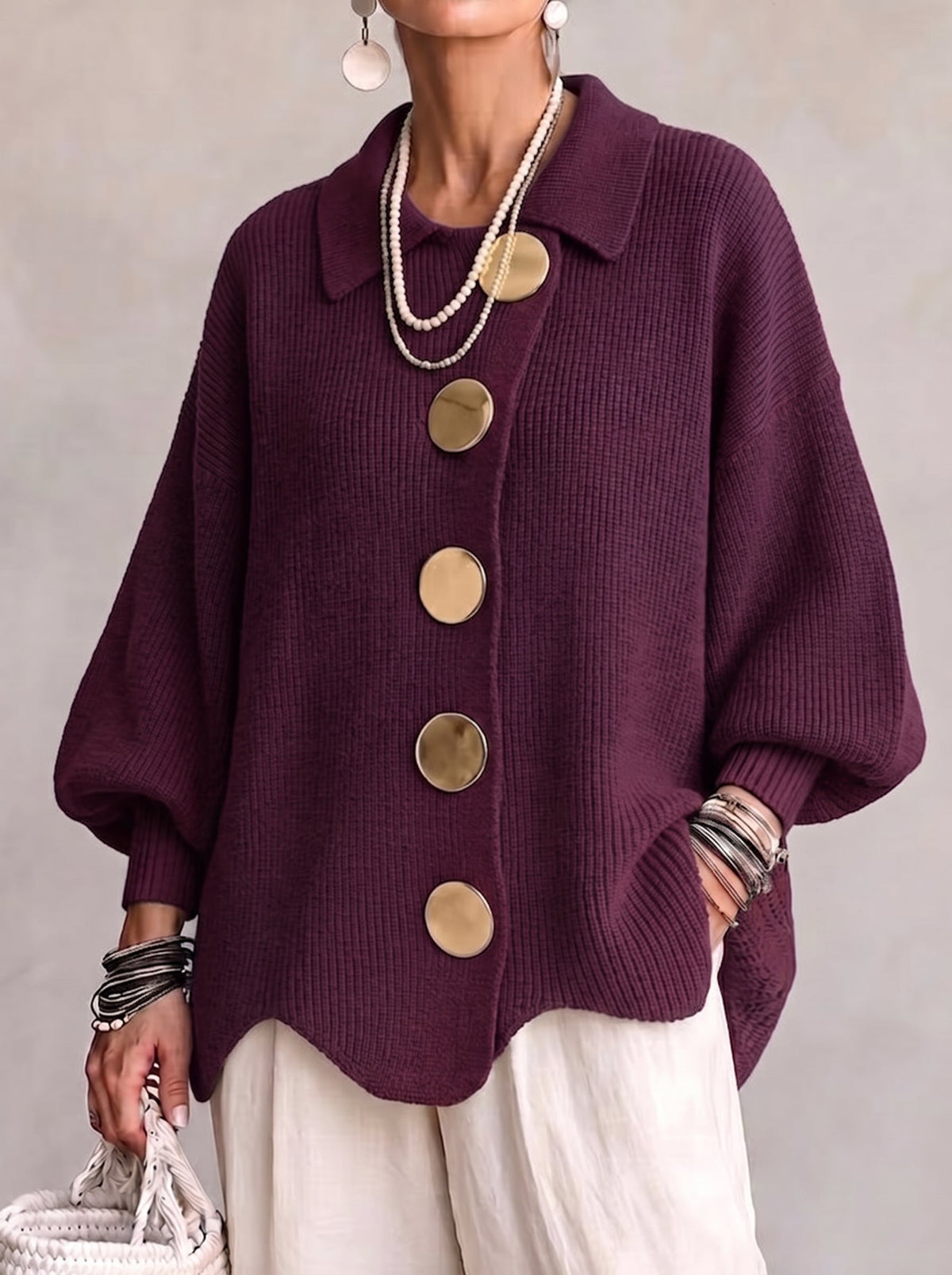 Oversized wine collared button cardigan with long balloon sleeves and large round buttons