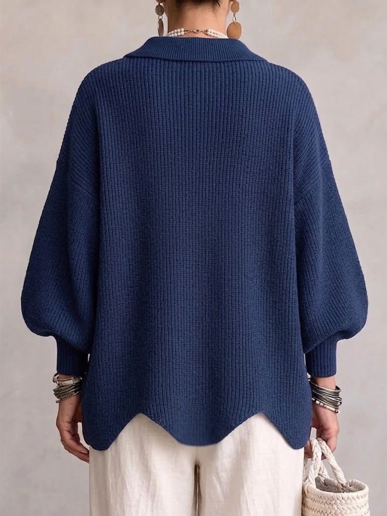 Oversized collared button cardigan, dark blue knit, ribbed cuffs and hem