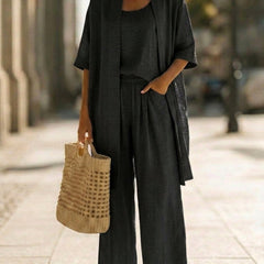Black 3-piece set with scoop tank, wide-leg pants, and loose kimono cardigan top