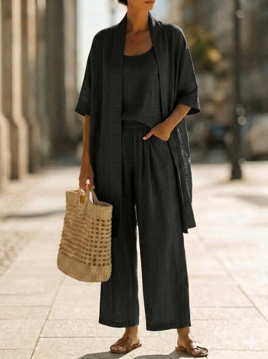 Black 3-piece set with scoop tank, wide-leg pants, and loose kimono cardigan top