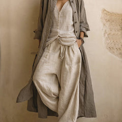 Sand linen-blend co-ord set: open button jacket, wrap-style top, wide-leg pants