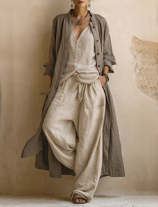 Sand linen-blend co-ord set: open button jacket, wrap-style top, wide-leg pants