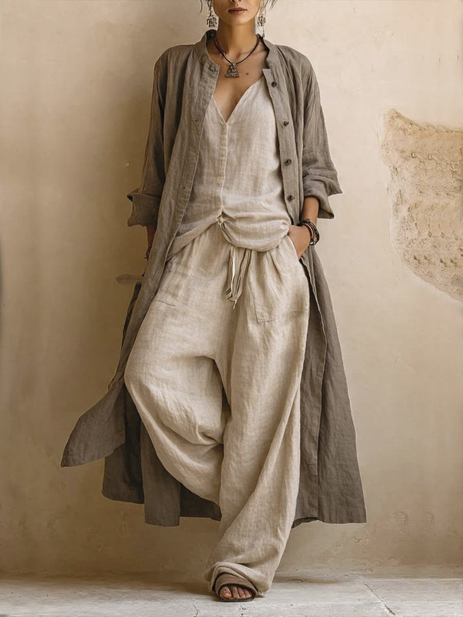 Sand linen-blend co-ord set: open button jacket, wrap-style top, wide-leg pants