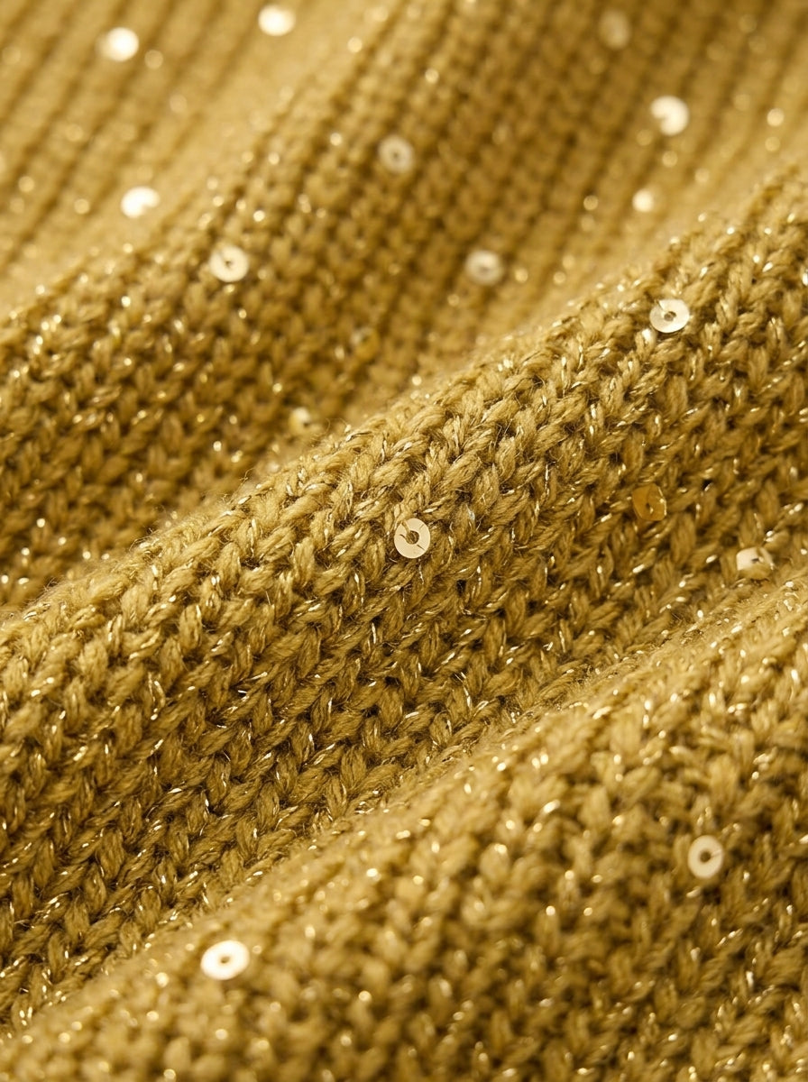 Gold knit cardigan fabric close-up with subtle sequins and small button-like details