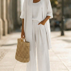 3-piece set with long white tunic, square-neck top, and wide-leg trousers.
