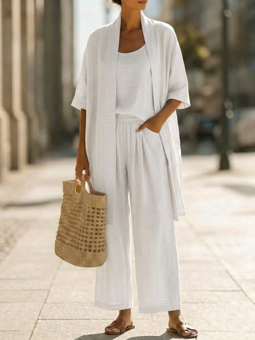 3-piece set with long white tunic, square-neck top, and wide-leg trousers.