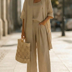 Light khaki 3-piece set with scoop tank top, wide-leg pants, and loose kimono jacket