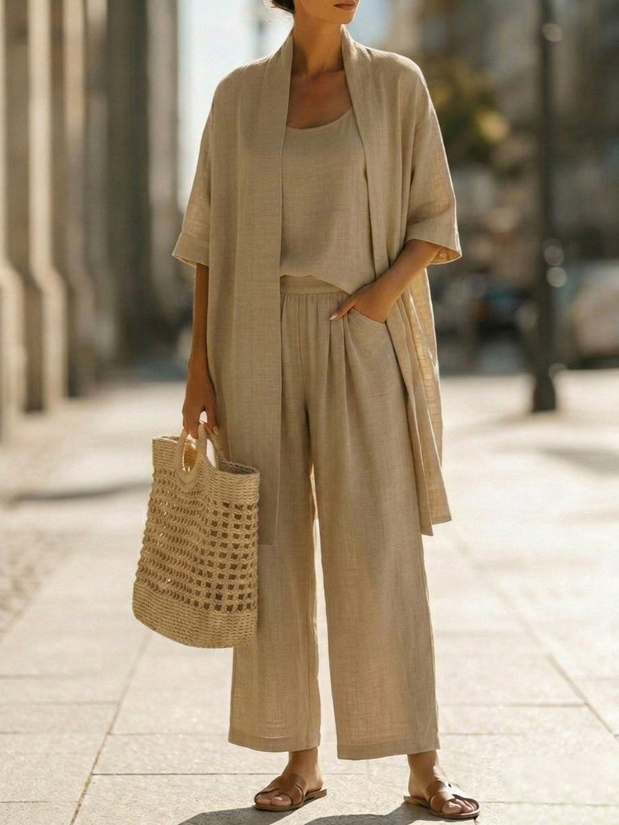 Light khaki 3-piece set with scoop tank top, wide-leg pants, and loose kimono jacket