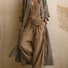 Brown linen-blend co-ord set: open button jacket, wrap-style top, wide-leg pants