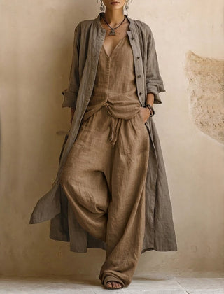 Brown linen-blend co-ord set: open button jacket, wrap-style top, wide-leg pants