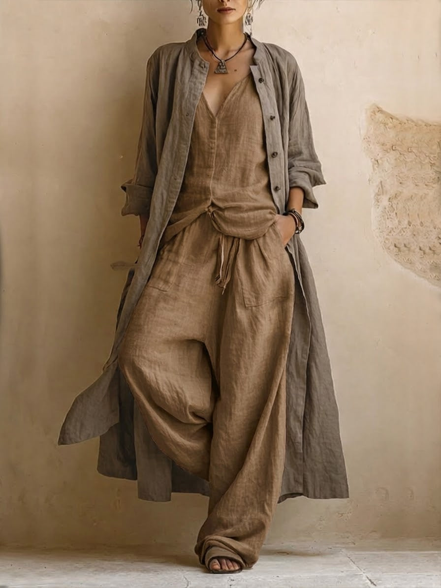 Brown linen-blend co-ord set: open button jacket, wrap-style top, wide-leg pants