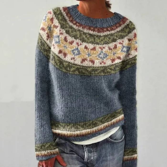 Wool crewneck sweater with multicolor Fair Isle yoke stripes and long sleeves