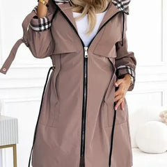 Women's taupe hooded jacket with full-length zipper and plaid inner hood