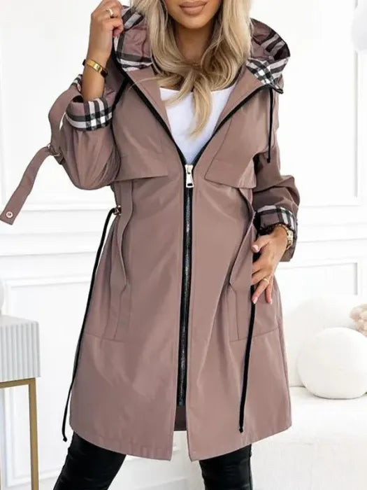 Women's taupe hooded jacket with full-length zipper and plaid inner hood