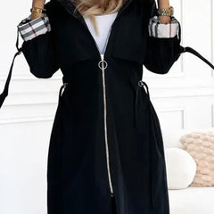 Women's black hooded waterproof jacket with front zipper and adjustable cuffs