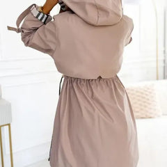 Women's taupe hooded jacket, back view, with plaid-lined hood