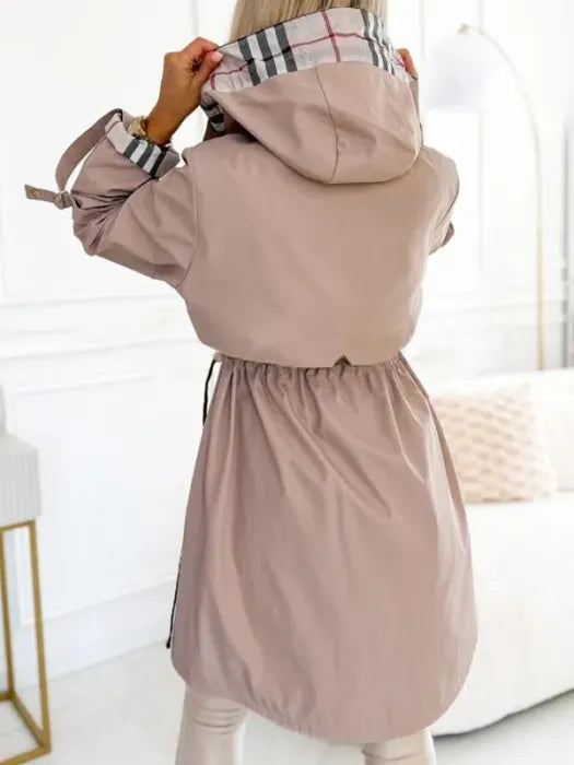 Women's taupe hooded jacket, back view, with plaid-lined hood