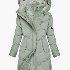Women’s green thermal-lined winter coat with hood and faux-fur lining, front zip