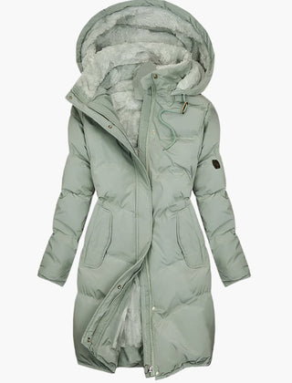 Women’s green thermal-lined winter coat with hood and faux-fur lining, front zip