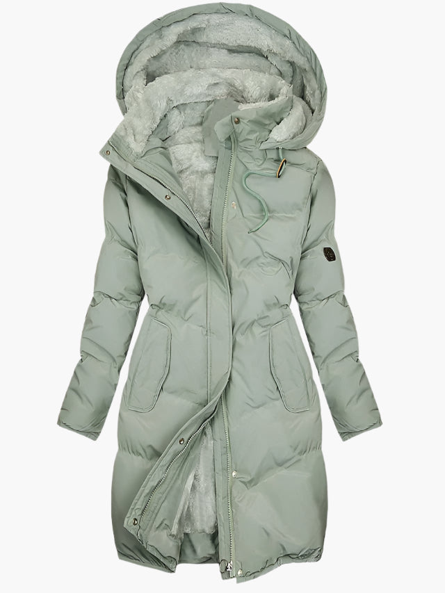 Women’s green thermal-lined winter coat with hood and faux-fur lining, front zip