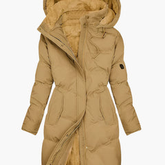 Women’s tan thermal-lined winter coat with hood and faux-fur lining, front zip