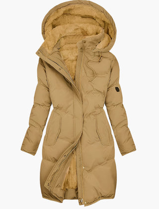 Women’s tan thermal-lined winter coat with hood and faux-fur lining, front zip
