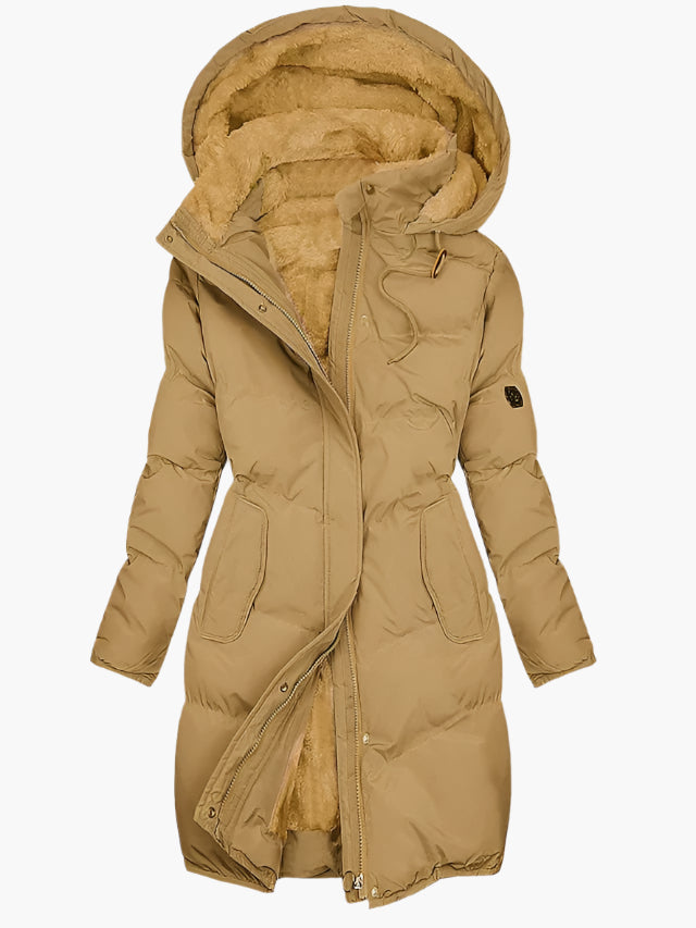 Women’s tan thermal-lined winter coat with hood and faux-fur lining, front zip