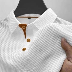 White textured polo shirt with brown-button placket and short sleeves