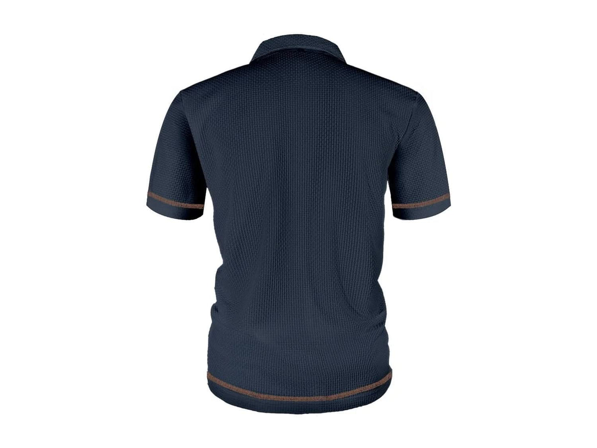 Navy textured polo shirt, back view, short sleeves with brown trim