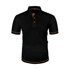 Black textured polo shirt, front view, brown-button placket and short sleeves