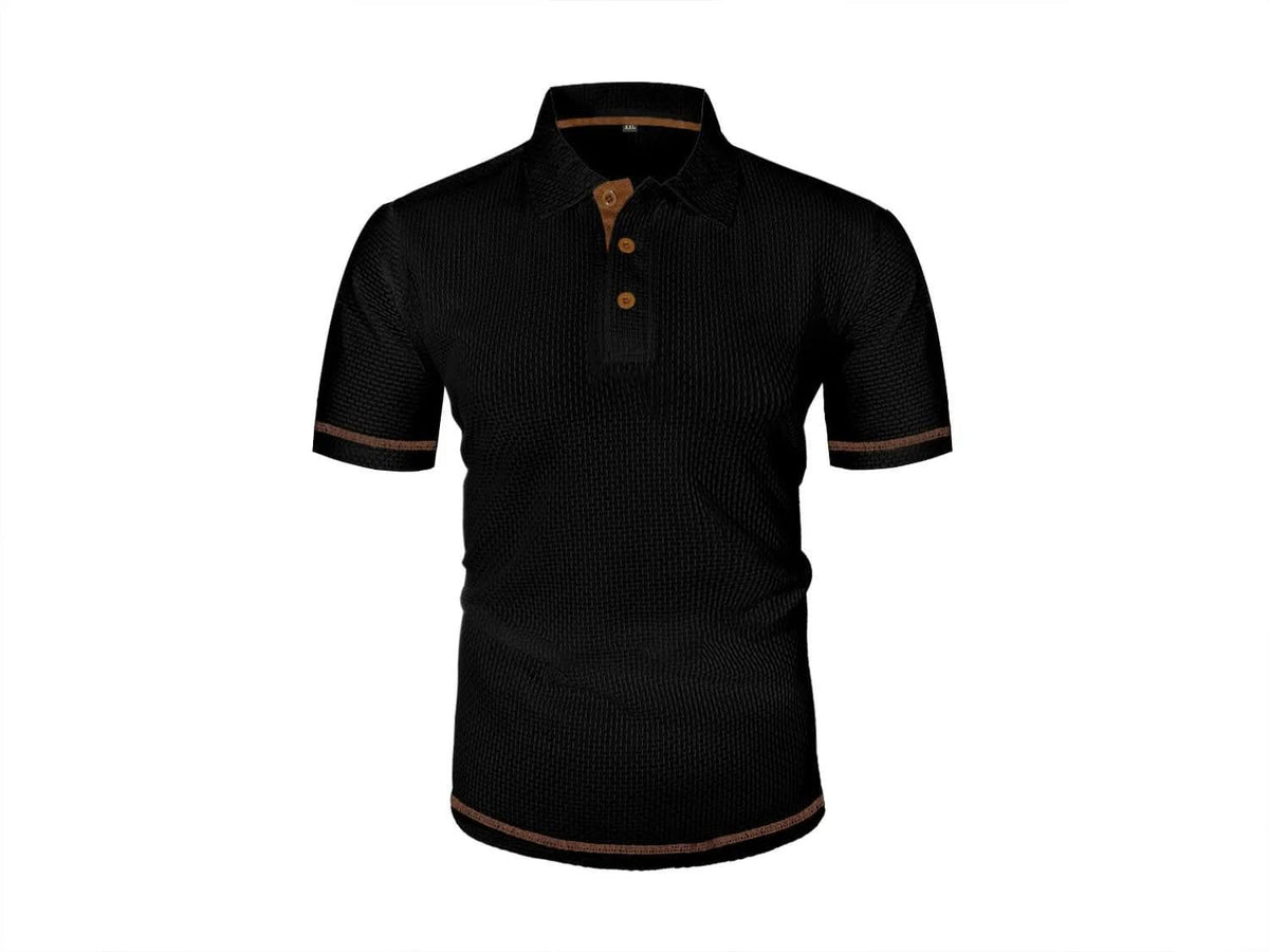 Black textured polo shirt, front view, brown-button placket and short sleeves