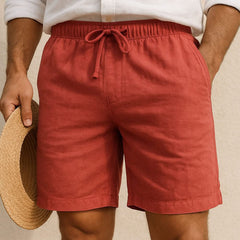 Red summer shorts with drawstring waistband and relaxed straight leg cut